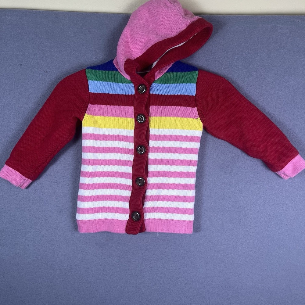 Hanna Andersson Girls Rainbow Stripe With Hood Sherpa Lined Sweater 90, 3T